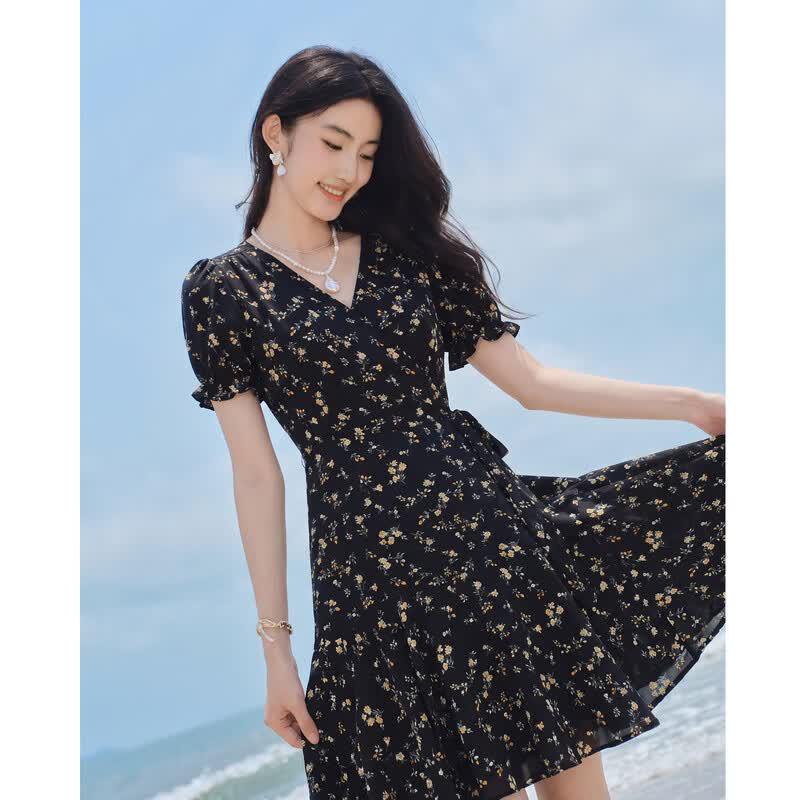 Women s Casual V-Neck Puff Sleeve Printed Midi Dress S