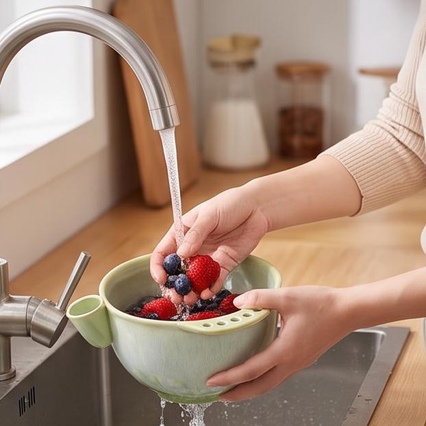 Ceramic Berry Bowl - Self Spinning Vortex Fruit Washer with Quick Drain Smooth Glaze Produce Rinser for Strawberries Blueberries Grapes Kitchen
