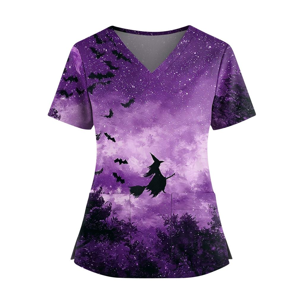Womens V Neck Casual Halloween Print Top Short Sleeve Medical Scrub Shirt with Pockets Lightweight Comfortable Fit