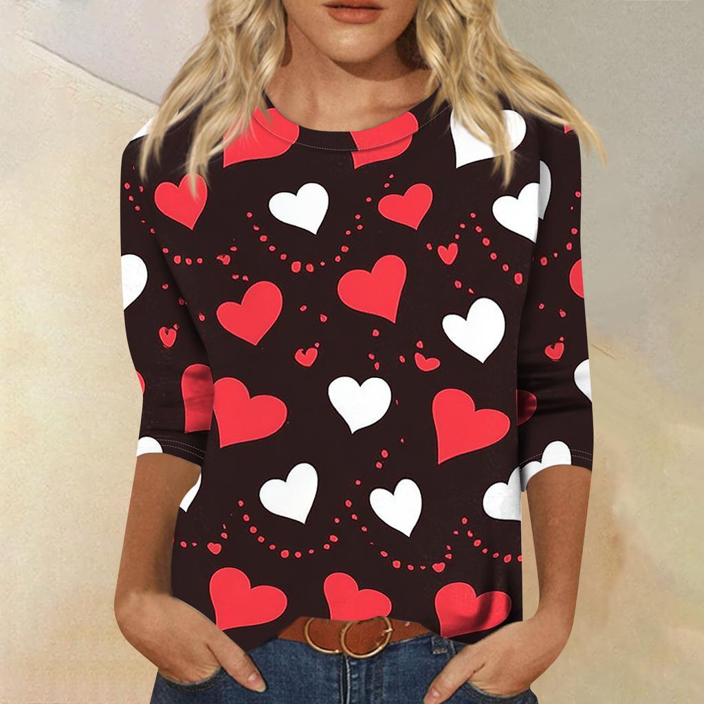 Women's Fashionable Casual Three-quarter Sleeve Valentine's Day Printed Round Neck Top