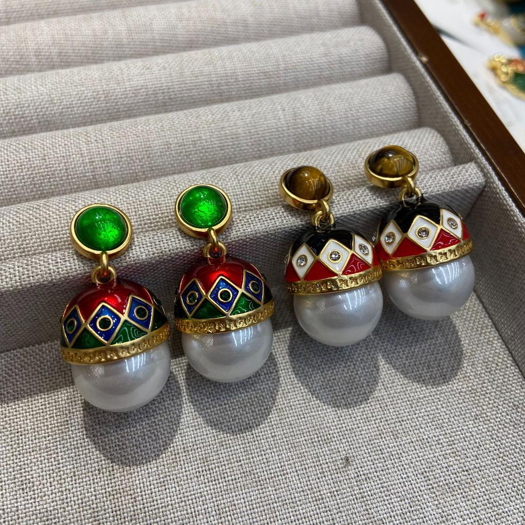Original Retro Court Style Drip Oil Enamel Chinese Earrings Pearl Earrings, High-End Sense Light Luxury Temperament Medieval Earrings