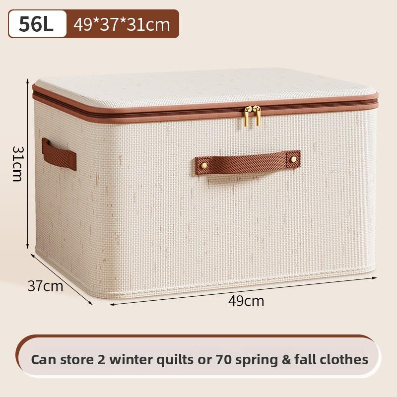 56L Large Capacity Linen Storage Box Double Zipper and Leather Handles Foldable Under-Bed Organizer with Lid for Clothes Storage Organizer