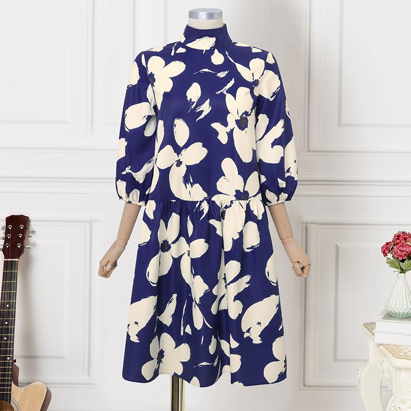 

VONDA Элегантное женское платье с воротником-стойкой, пышными рукавами, цветочным принтом, повседневное, свободное, длинное, мешковатое 4XL синий