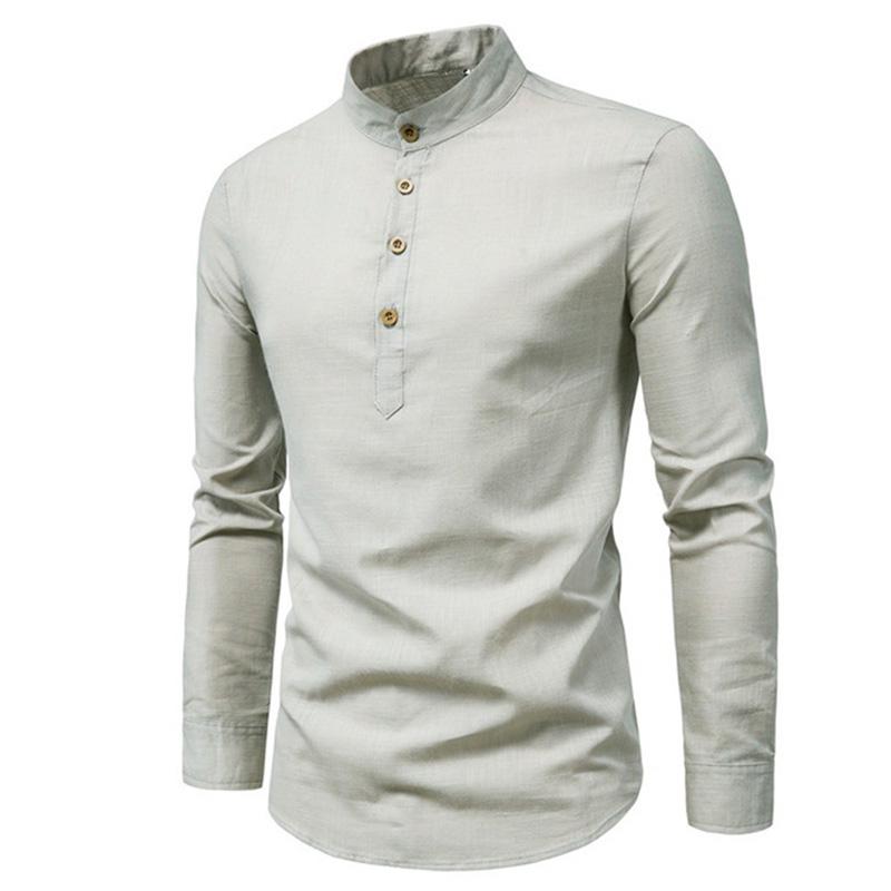 Cotton Linen Men's Long-Sleeved Shirts Summer Solid Color Stand-Up Collar Casual Beach Style Oversized