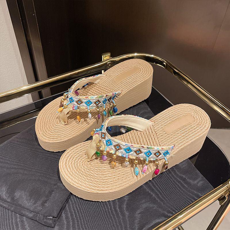 New women's beach slippers women's summer fashion outer wear thick bottom slope heel flip-flops seaside high heel cool slippers