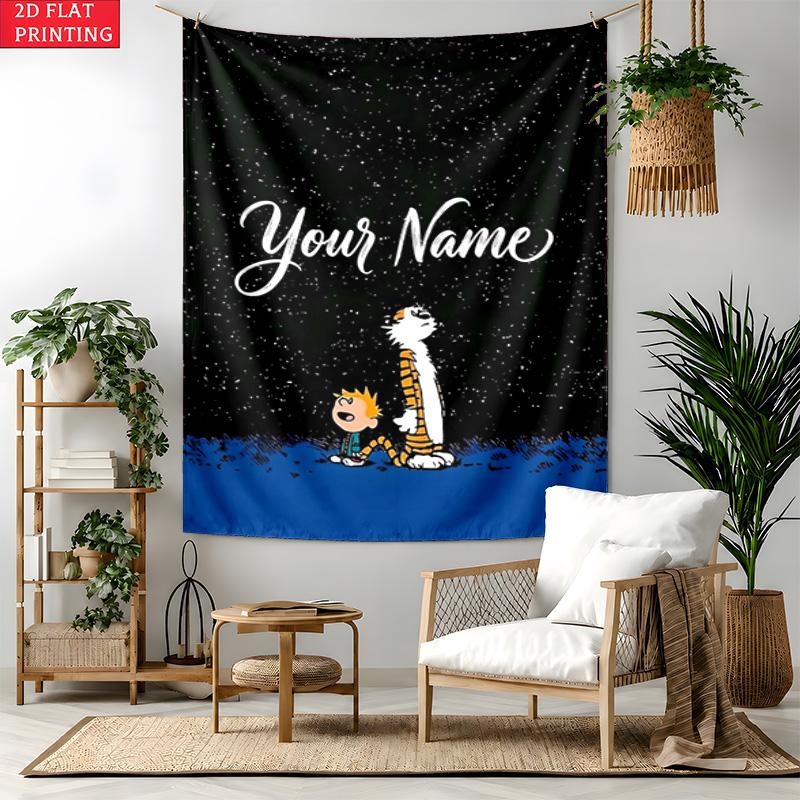 Calvin and Hobbes Custom Name Tapestry Personalized Wall Art Hanging Bohemian Home Decor for Bedroom Dorm Living Room