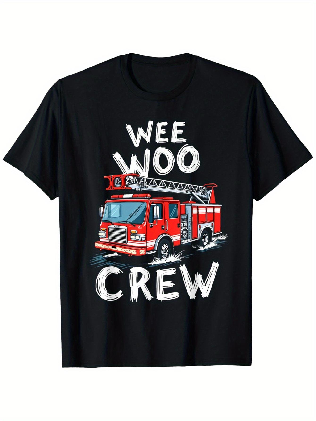 

Funny Fire Truck Wee Woo Crew T-Shirt - Firefighter Design with Fire Truck & Maltese Cross Emblem XXXXL
