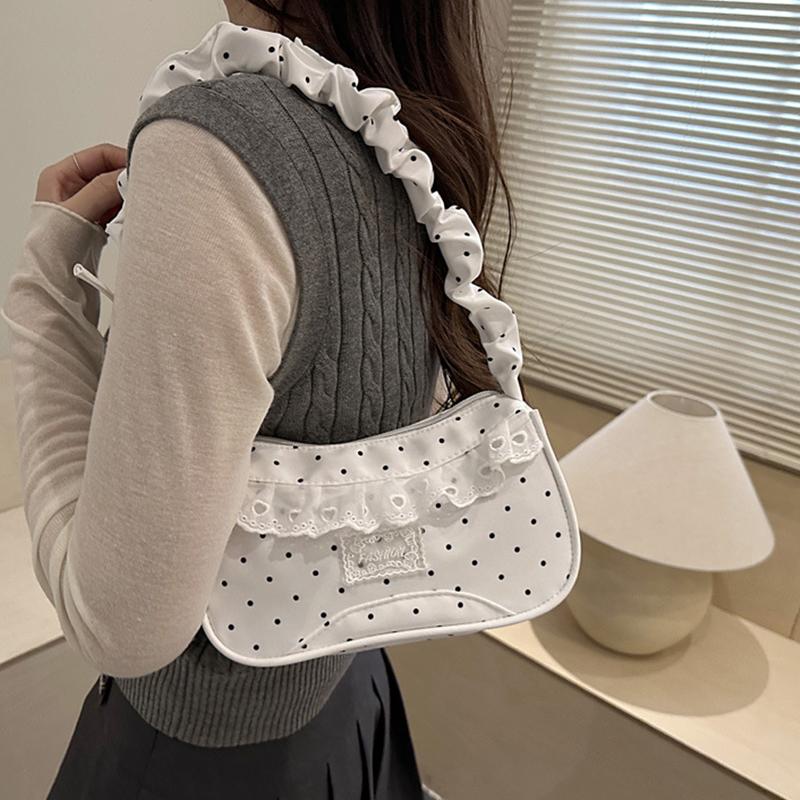 Yogodlns Lace Polka Dot Shoulder Bag Stretchable Strap Large Capacity Pleated Underarm Bag Multi-Color French Stick Handbag Purse