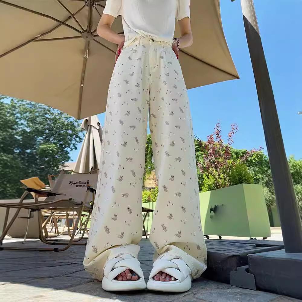 women's Bear Print High Waisted Wide Leg Jeans Loose Straight Denim Trousers Casual Pants