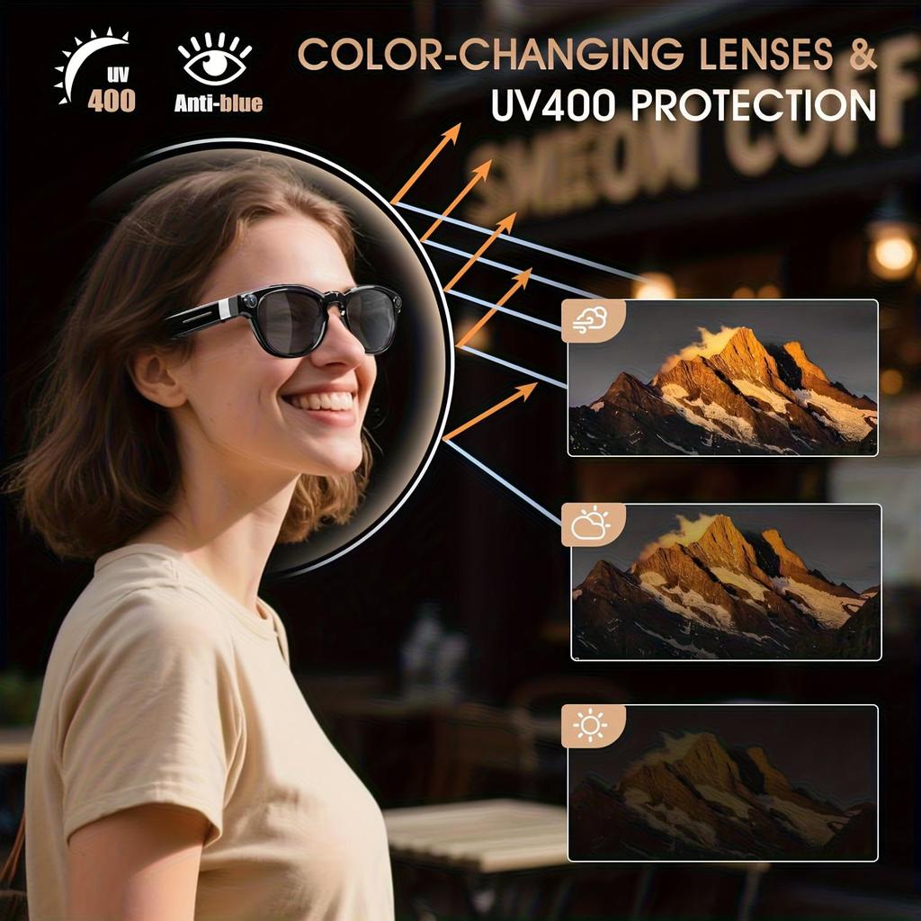 Smart Glasses Real-Time AI Translation Powered Assistant 8MP Camera  Photography 1080P Video Dual Mics Speakers Photochromic Lenses Bluetooth Calling