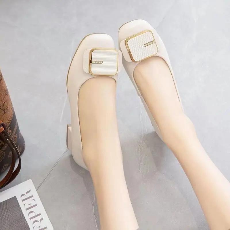 Fashion Chunky Heels with Medium Women's Shoes Block Heel Ladies Pumps Office Square Toe Shoe Luxury Brand Non Slip 2025 Trend Footwear