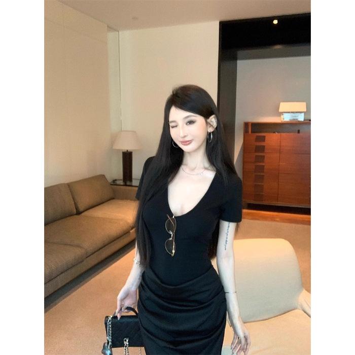 

Korean Spice Girl V-Neck Pleated Waist Dress Women s Summer Design Sense Black Temperament Celebrity Slim Hip Wrap Dress S чёрный