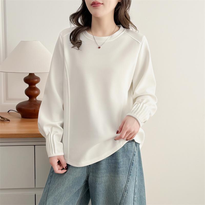 Plus Size Women's Spring Air Cotton Sweatshirt with Pleated Cuffs - Long Sleeve Casual Versatile Top