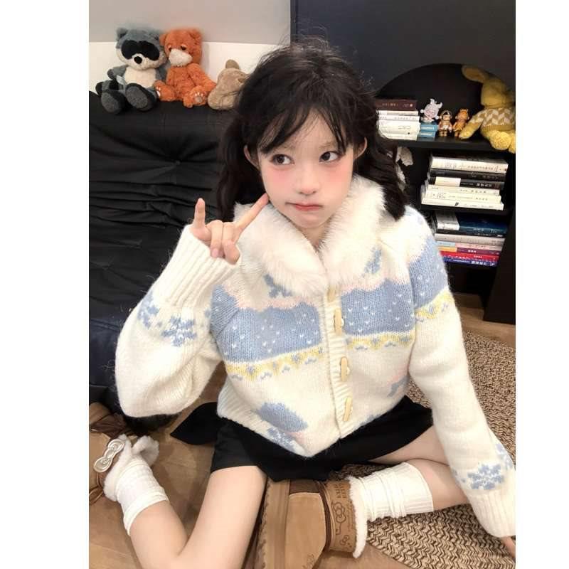 

Женский вязаный кардиган Fair Isle с меховым воротником и капюшоном - Осень/Зима, застежка на пуговицы, свободный крой. L (Recommended for 140-175cm height)