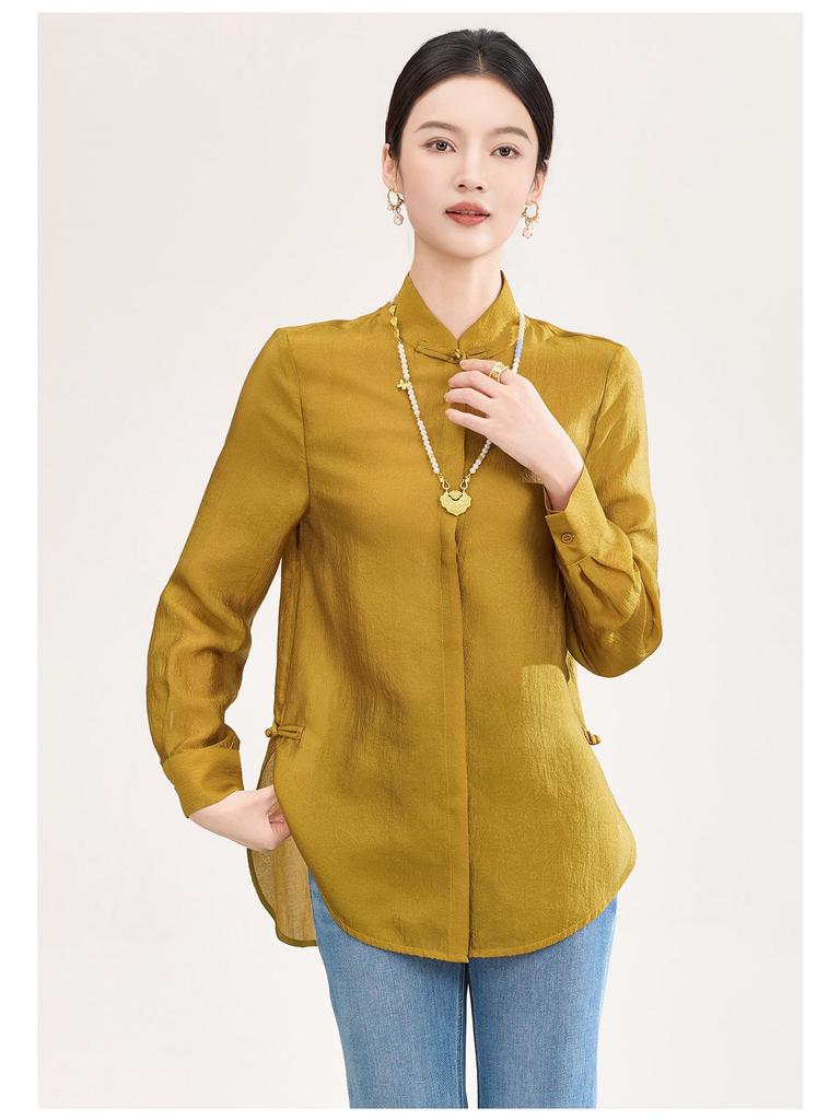 High-End Women's Silk Jacquard Frog Button Zen Shirt - Chinese Style Tea Ceremony Top for Spring