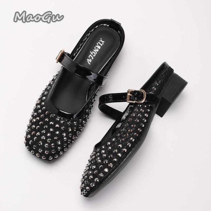 Fashion Crystal Studded Mesh Breathable Shoes Fashion Square Head Shallow Mouth Mary Jane Shoes Elegant Office Ladies Low Heel Pumps