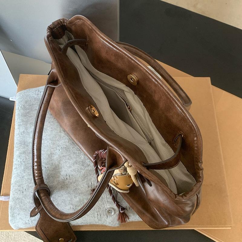 Women's PU Leather Bags Travel Fashion Casual Vintage Tote Maillard Style Large Capacity Texture Temperament