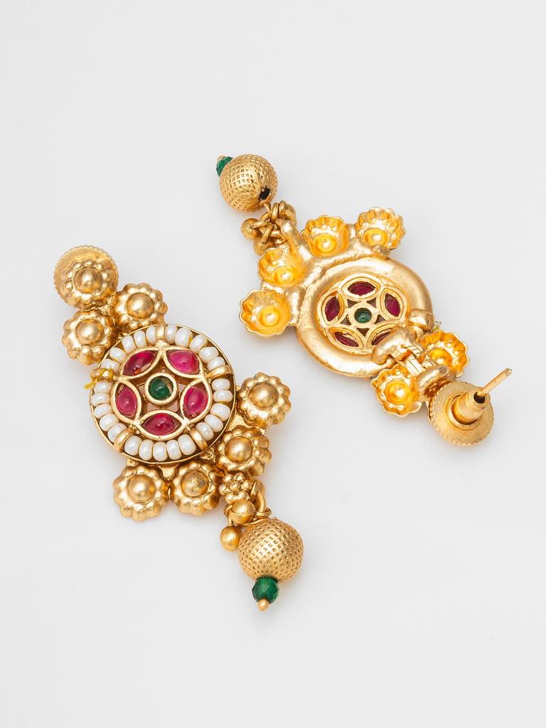 Gold-Plated White Stone-Studded & Beaded Temple Jewellery Set