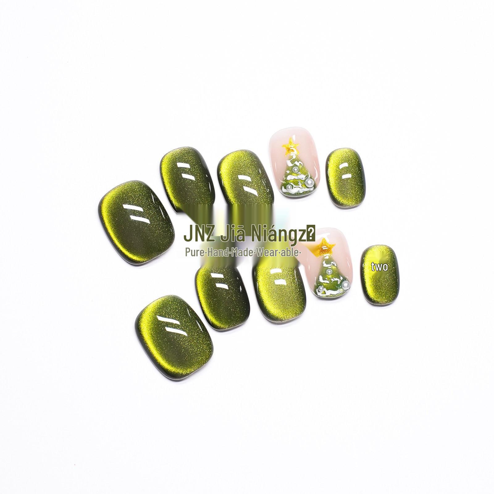 Emerald Cat Eye Short Style Wearable Nails - Gentle, Solid Color, Handcrafted, Skin-Brightening, Simple Manicure 10 Pieces XS (Includes Toolkit)