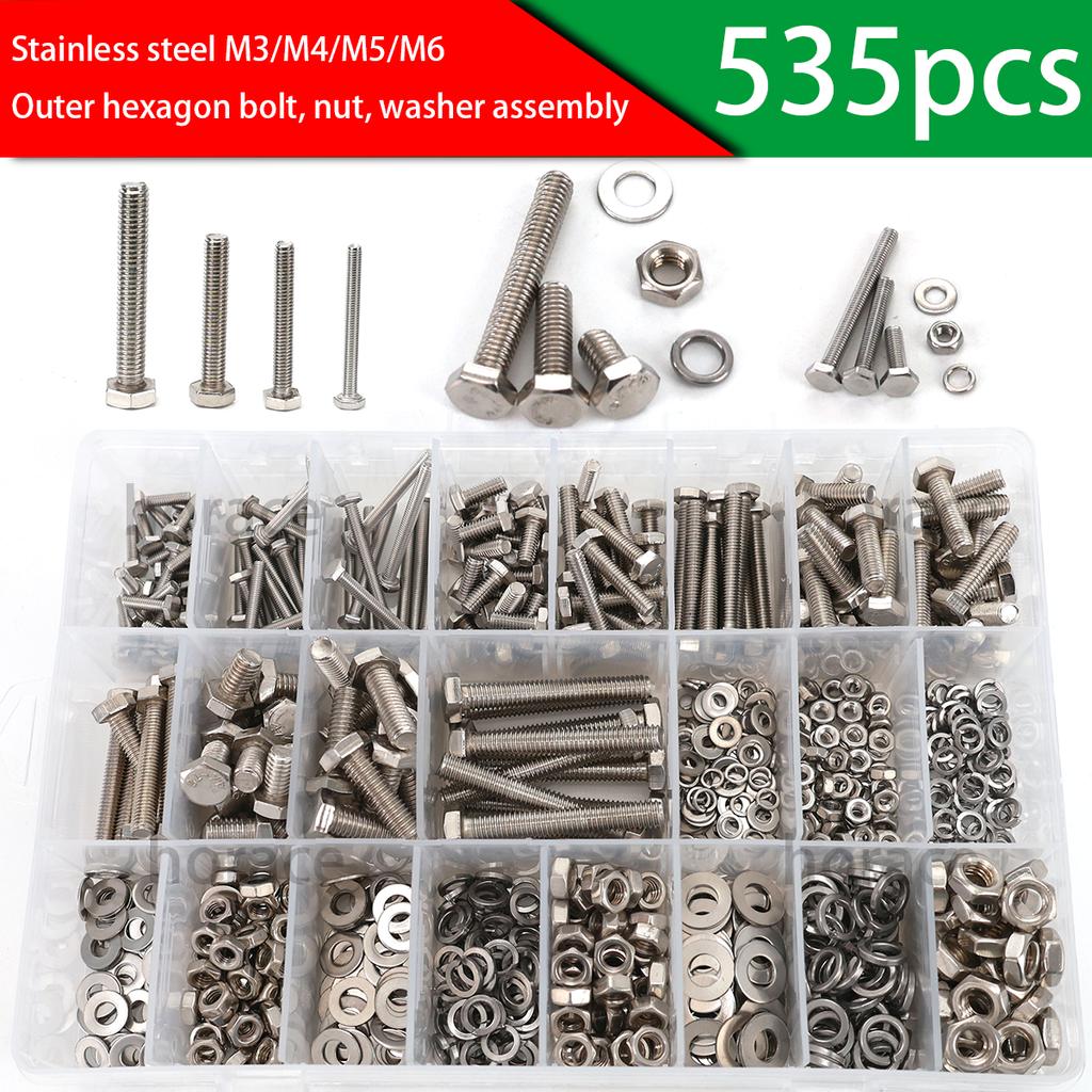 535-piece Hexagon Head Bolts, Nuts and Flat Washers Kit, M3/M4/M5/M6 Heavy Duty Stainless Steel Full Thread