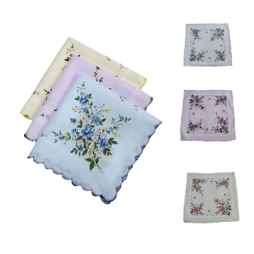 3ks Květinové kapesníkové ručníky 30*29cm Elegantní Vintage Klasické Bavlněné Hanky ​​Letní Přenosné Dámské Ručníky