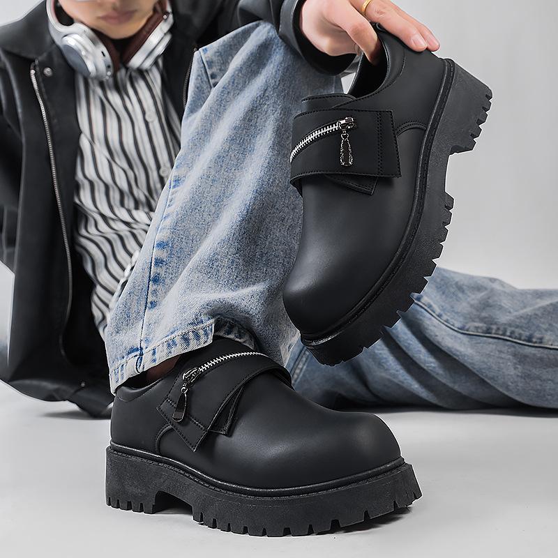 Spring men's shoes, youth sports, formal wear, business height increase, commuting to work, one pedal, black big head leather shoes 2025