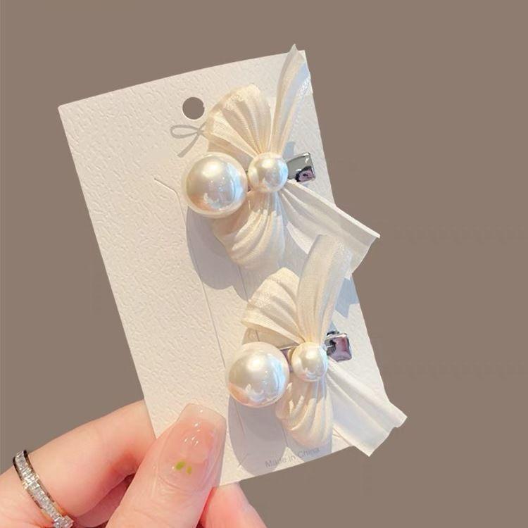 Mesh Bow Pearl Hair Clip Female Korean Holiday Fashion Duckbill Clip Hair Accessories