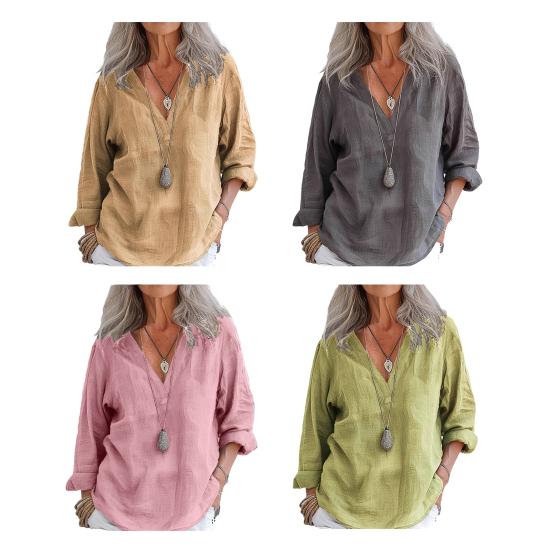 Women Shirt V-neck Long Sleeve Solid Color Pullover Tops Loose Fit Casual Tee Shirt Work Office Vacation Daily Wear