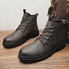 Cowboy Boots Men Black Leather Combat Boots High Top Lace Up Ankle Boots, Thick Sole Comfort Street Style Outdoor Hiking Autumn