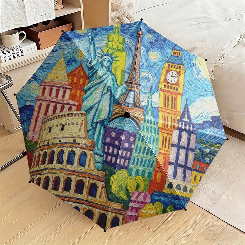

1pc Patriotic Theme Statue of Liberty Umbrella Portable Folding Umbrella Iron Frame Hole Bone Structure Outdoor Home Umbrella