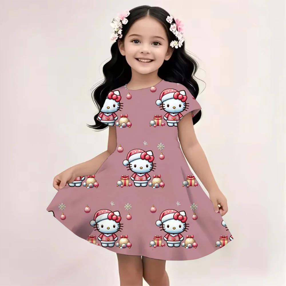 Sanrio Summer Dress Fashion Cartoon Cute Cinnamoroll Hello Kitty 3D Printing Dress Kid Short Sleeve Princess Clothing Kuromi