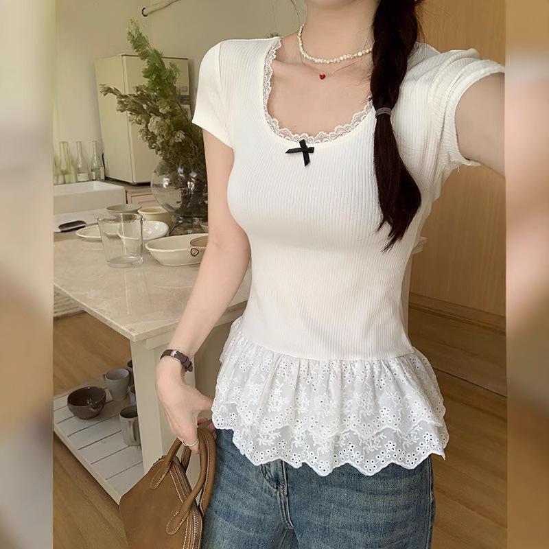 White Lace Trim Ballet Style Summer T-Shirt - Women's Slimming Short Sleeve Top