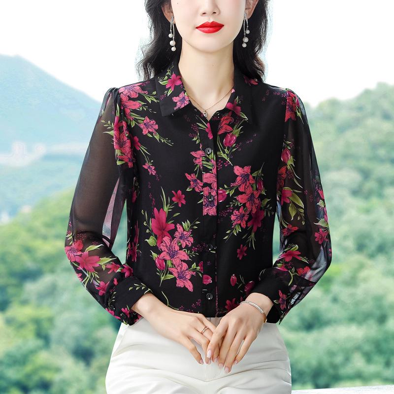 Elegant Floral Plus Size Chiffon Shirt - Spring 2026 Long Sleeve Sun Protection for Women 3XL