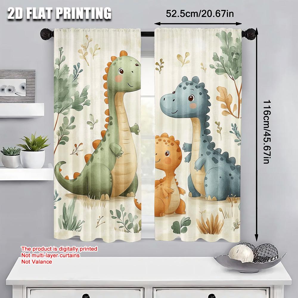 2pcs 2D Flat Printing Scene Curtain Cute Dinosaur Watercolor 100% Polyester Without Electricity Festive Curtains Perfect for