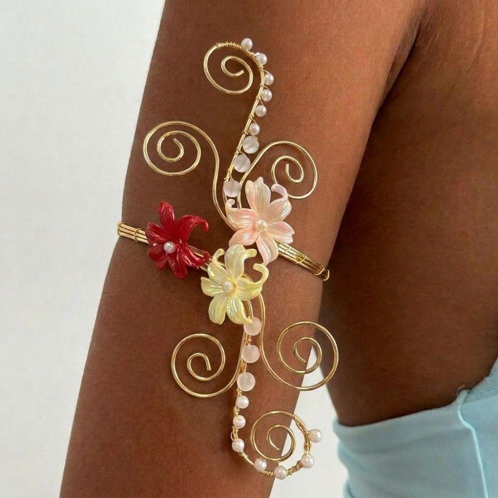 Adjustable Floral Open Cuff Armlet Gold Color Metal Open Arm Ring Flower Cuff Bracelet  For Women