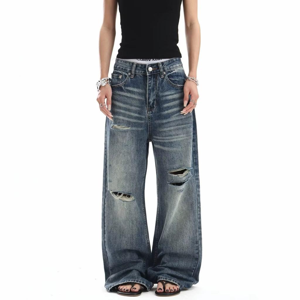 American high street retro washed cat whisker ripped jeans men's and women's design straight loose wide-leg pants fried street
