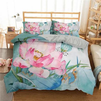 Lotus Duvet Cover Set Watercolor Pink Water Hibiscus Bedding Set Flower Botanical Polyester Quilt Cover for Girls Teens Women