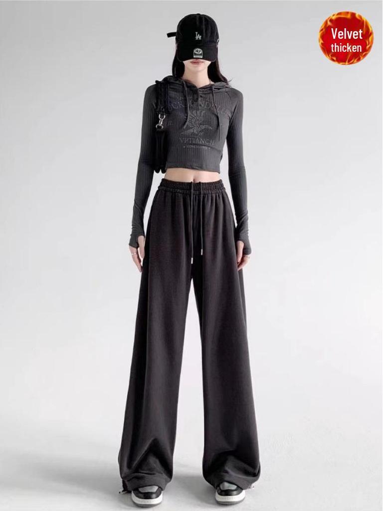 Women's American-Style Gray Sweatpants: Spring & Autumn Loose Fit, Slimming, Wide-Leg, Straight-Leg, Winter Fleece-Lined.