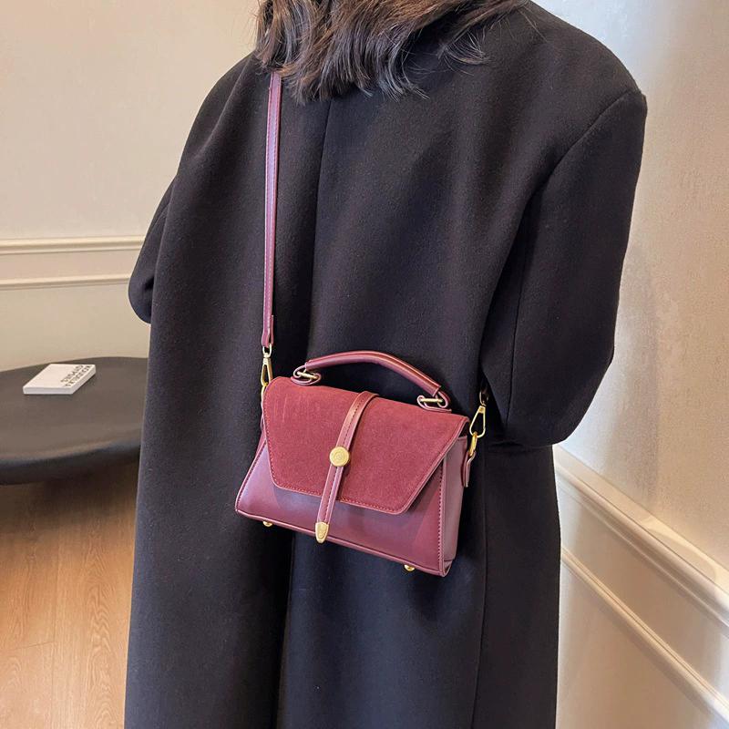 Women's Retro Contrast Stitch Small Square Bag Niche Design Brown Tone Shoulder Handbag with Metal Buckle, Fashion Crossbody Satchel