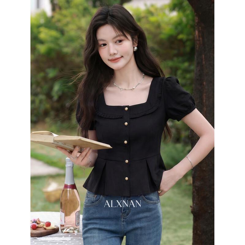 Women s French Square Neck Short Sleeve Shirt M