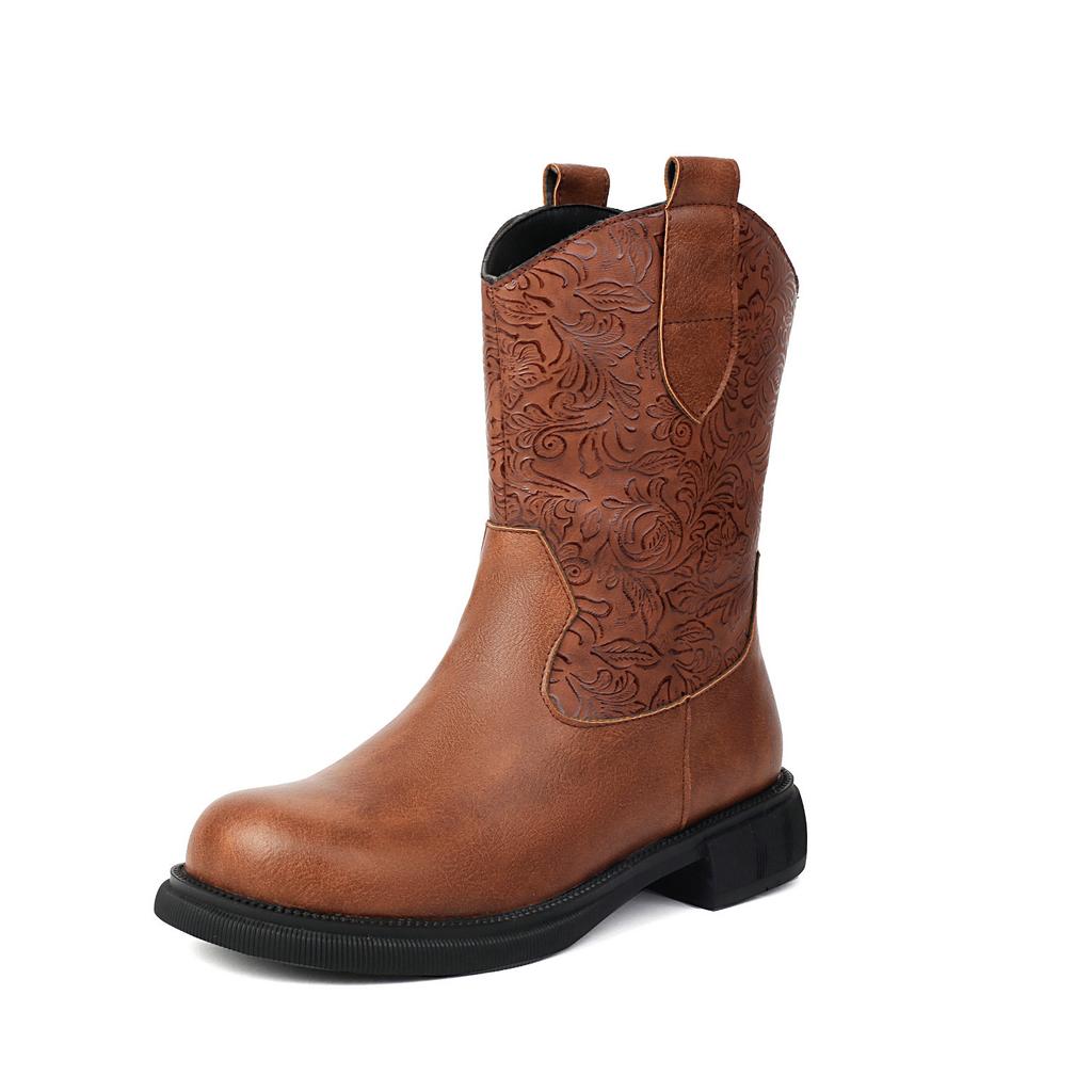 Comfy Western Boots Women's Ankle Boots Cowboy Low Heels Shoes Round Toe Patchwork Footwear