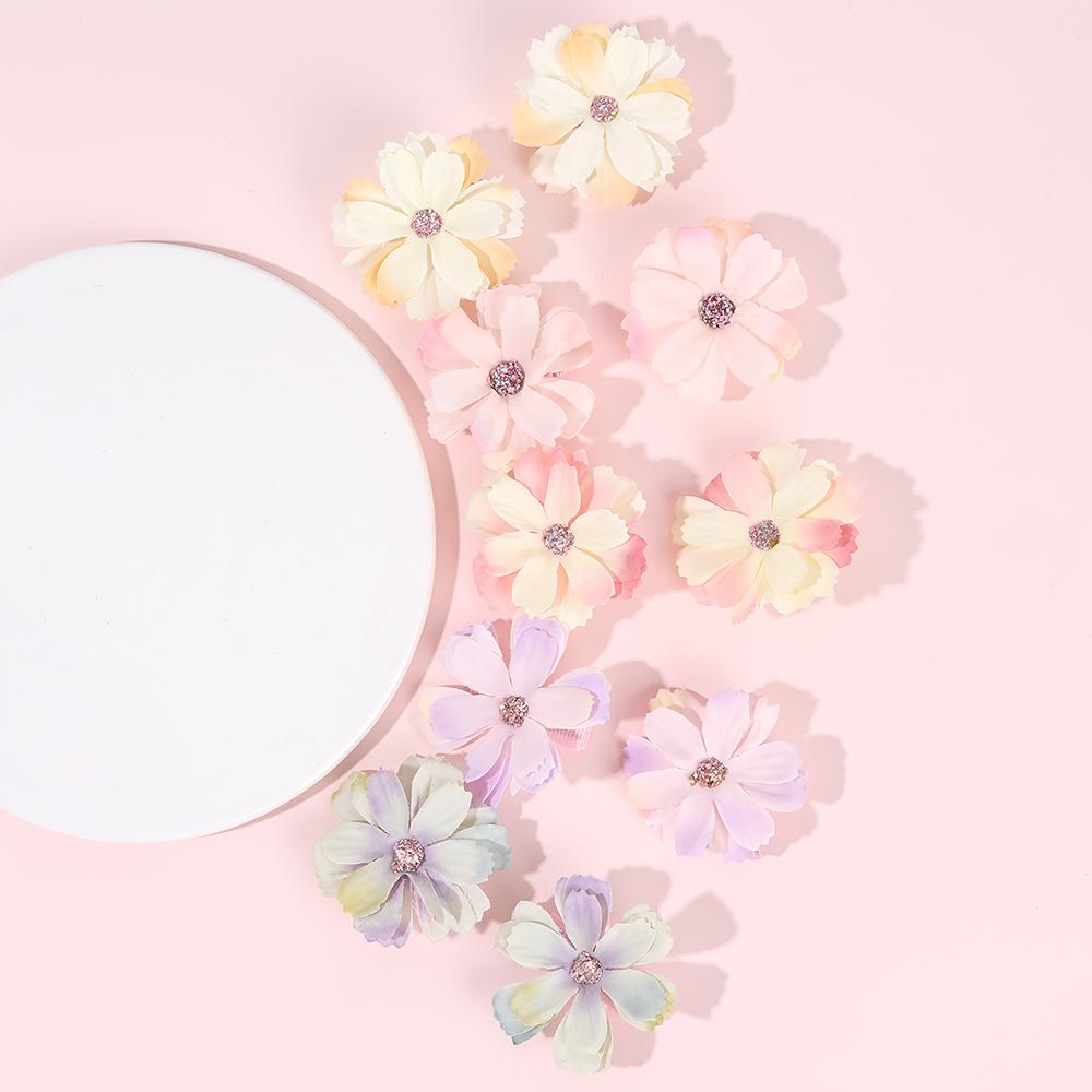 10Pcs Simulated Flower Hair Clip Gradient Floral Rhinestone Girl Hairpin Rustic Kid Accessories Headdress For Beach School Party