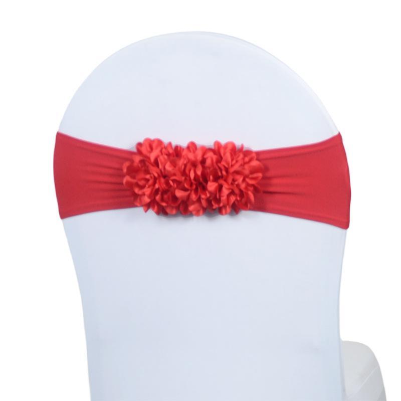 Faixa de Cadeira de Cetim Elástico em Várias Cores Design Elástico com Flor 3D Para Decoração de Casamento Banquete Festa Evento