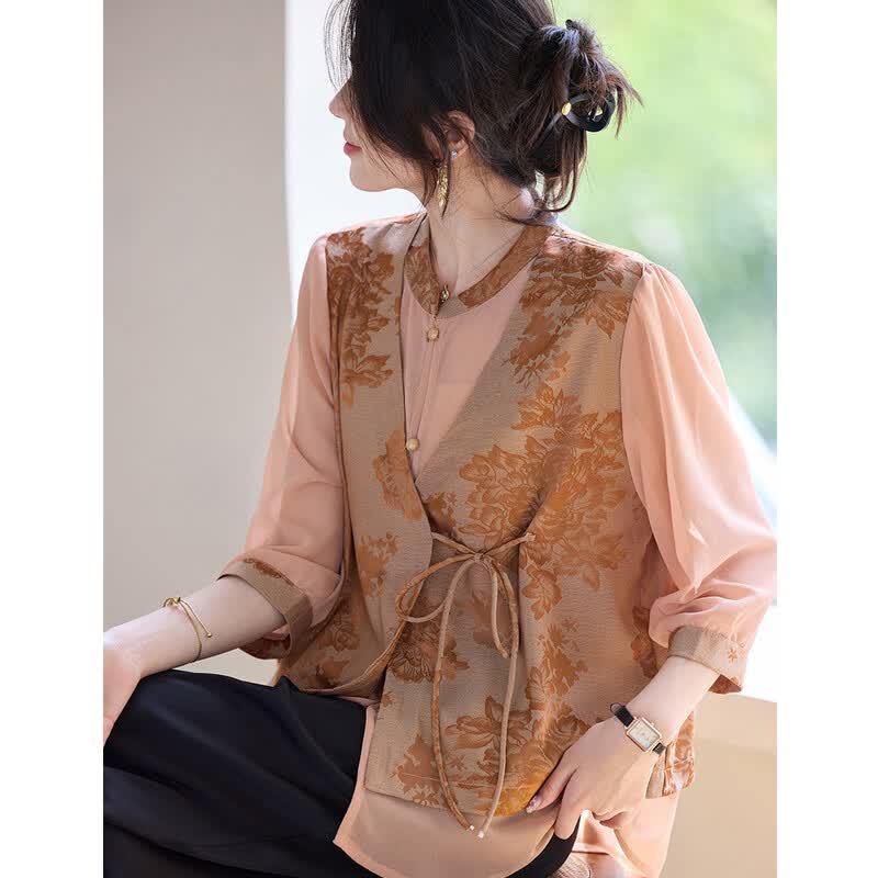 ORIGIN New Chinese Style Printed Round Neck Pullover Top M