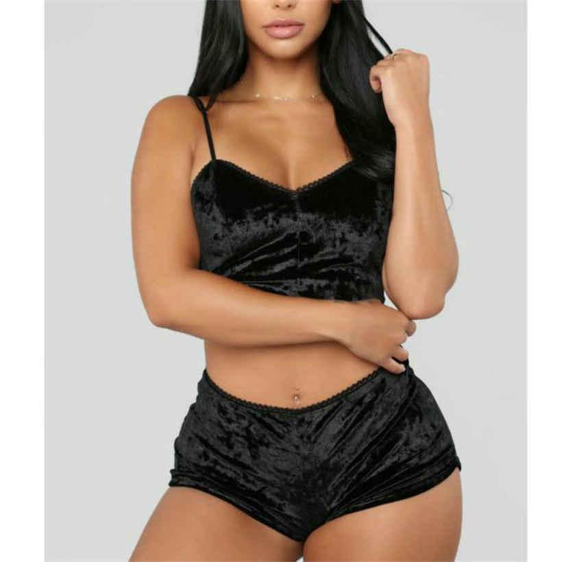 

Сексуальные пижамы, пижамные комплекты больших размеров, женские однотонные бархатные укороченные топы + шорты S чёрный
