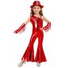 Kids Girls Jazz Disco Dance Jumpsuit Sleeveless One Shoulder Sequins Tassels High Waist Flared with Gloves and Fedora Hat for Banquet Pageant Party