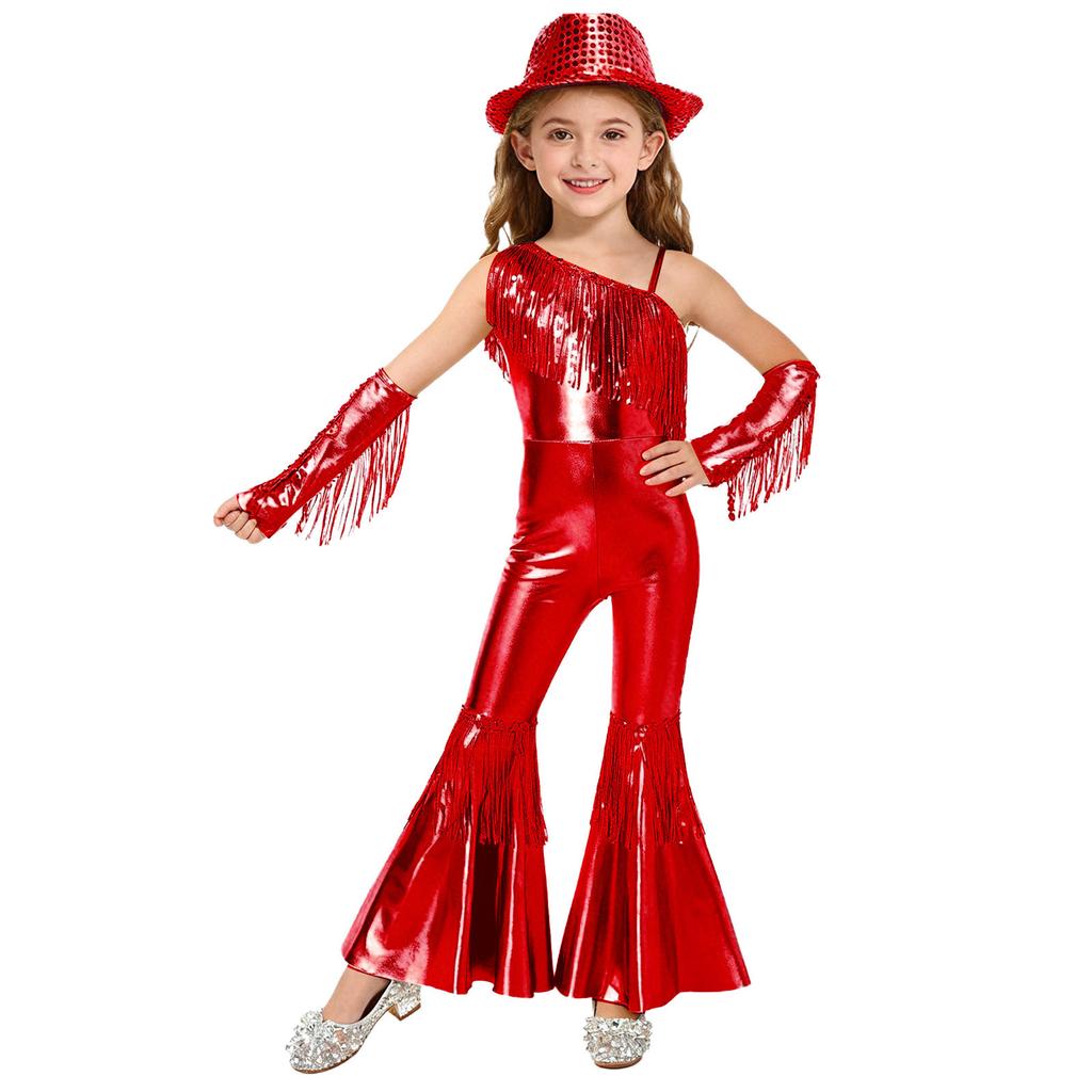 Kids Girls Jazz Disco Dance Jumpsuit Sleeveless One Shoulder Sequins Tassels High Waist Flared with Gloves and Fedora Hat for Banquet Pageant Party