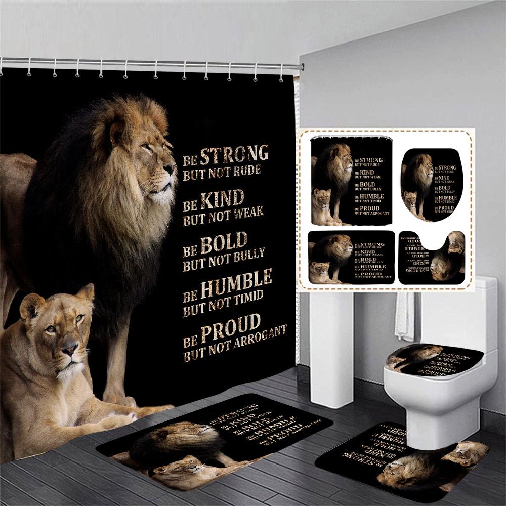 

Black Lion Shower Curtain Set Wild Animal Motivational Quote Bathroom Curtains Non-Slip Bath Mat Rug Toilet Lid Cover Home Decor W60H190(CM)-1 Pcs