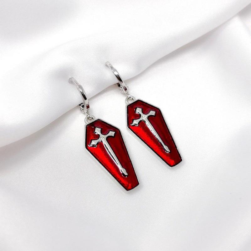 Gothic Red Dripping Blood Cross Coffin Lid Earrings