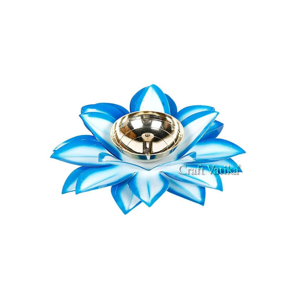 Brass Diya Oil Lamp Stand Lotus Kamal Patti Diyas for Puja Home Temple Decor (Sky Blue)